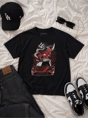 Black Graphic Tee with Red Demon & Car Print